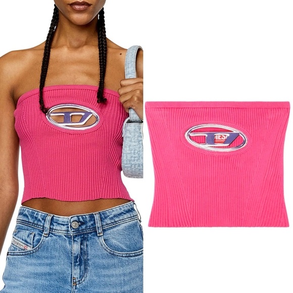 Diesel- Bandeau Top With Oval D Plaque Hot Pink Size M Ribbed Edgy Streetwear - Picture 1 of 6